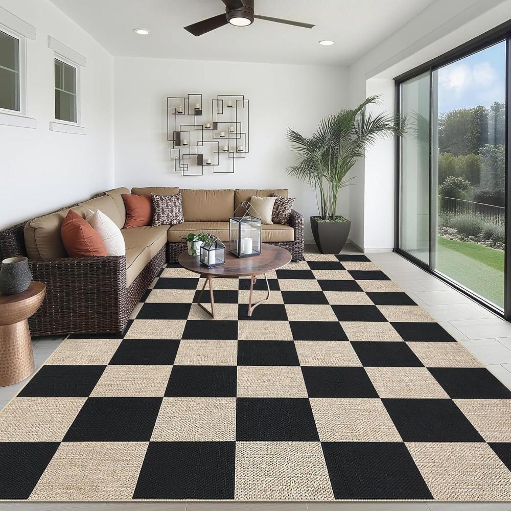 image:imageGarvee 5x7 Washable Easy Jute Area Rugs for Living Room Bedroom High Traffic Foldable Rug Distressed Diamond Checkered Office Carpet Non Slip Backing Farmhouse Floor Cover Black and TanCheckerboardblack  Natural