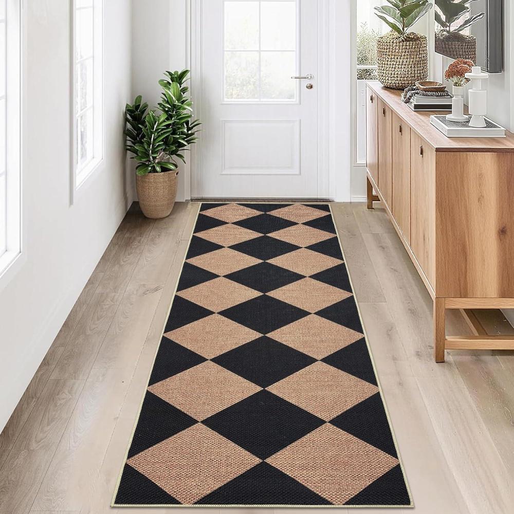 image:imageGarvee 5x7 Washable Easy Jute Area Rugs for Living Room Bedroom High Traffic Foldable Rug Distressed Diamond Checkered Office Carpet Non Slip Backing Farmhouse Floor Cover Black and TanDiamondblackbrown