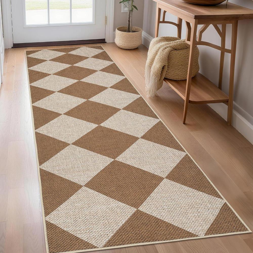 image:imageGarvee 5x7 Washable Easy Jute Area Rugs for Living Room Bedroom High Traffic Foldable Rug Distressed Diamond Checkered Office Carpet Non Slip Backing Farmhouse Floor Cover Black and TanDiamondbrown