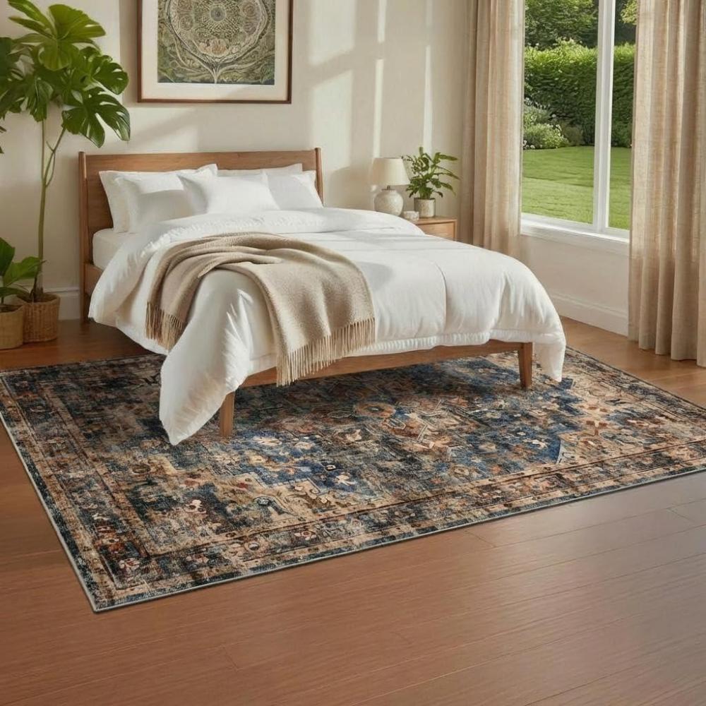 image:imageGarvee Washable Rug Blue Brown 8x10 Area Rug for Living Room Vintage Border Style Flat Pile Indoor Rug for Bedroom Dining Room Decor Blue BrownVintage  Blue Brown