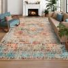 Garvee Washable Rug Blue Brown 8×10 Area Rug for Living Room Vintage Border Style Flat Pile Indoor Rug for Bedroom Dining Room Decor， Blue Brown(Vintage – Red)