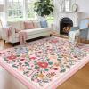 Garvee 10×13 Vintage Area Rug for Bedroom, Large Living Room Rug with Non Slip Backing, Floral Border Stain Resistant Non Shedding Area Rugs Low Pile Soft Mats for Bedroom, Dining Room, Pink(Farmhouse|pink)