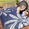 Garvee Waterproof Outdoor Rug 9×12 for Patio, Reversible Modern Area Rug, Large Plastic Straw Mat for Camping, RV, Porch, Backyard, Deck, Picnic, Beach, Black & Brown(Blue & White)