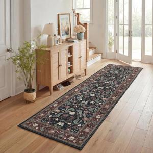Garvee 10×13 Vintage Area Rug for Bedroom, Large Living Room Rug with Non Slip Backing, Floral Border Stain Resistant Non Shedding Area Rugs Low Pile Soft Mats for Bedroom, Dining Room, Pink(Cottage|black/Red)