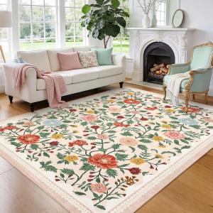 Garvee 10×13 Vintage Area Rug for Bedroom, Large Living Room Rug with Non Slip Backing, Floral Border Stain Resistant Non Shedding Area Rugs Low Pile Soft Mats for Bedroom, Dining Room, Pink(Farmhouse|beige)