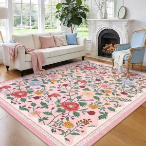 Garvee 10×13 Vintage Area Rug for Bedroom, Large Living Room Rug with Non Slip Backing, Floral Border Stain Resistant Non Shedding Area Rugs Low Pile Soft Mats for Bedroom, Dining Room, Pink(Farmhouse|pink)