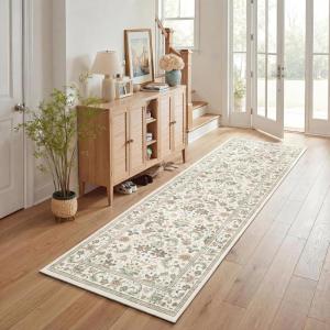 Garvee 10×13 Vintage Area Rug for Bedroom, Large Living Room Rug with Non Slip Backing, Floral Border Stain Resistant Non Shedding Area Rugs Low Pile Soft Mats for Bedroom, Dining Room, Pink(Cottage|beige)
