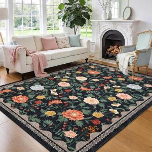 Garvee 10×13 Vintage Area Rug for Bedroom, Large Living Room Rug with Non Slip Backing, Floral Border Stain Resistant Non Shedding Area Rugs Low Pile Soft Mats for Bedroom, Dining Room, Pink(Farmhouse|black)