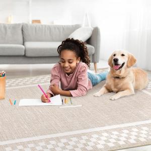 Garvee 5×7 Modern Checkerboard Washable Rug for Entryway Indoor, Bordered Living Room Rug with Non Slip Backing, Stain Resistant Non Shedding Solid Color Area Rugs for Bedroom, Dining Room, Taupe(Z-beige)