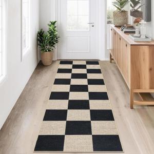 Garvee 5×7 Washable Easy Jute Area Rugs for Living Room, Bedroom, High Traffic Foldable Rug, Distressed Diamond Checkered Office Carpet, Non Slip Backing Farmhouse Floor Cover, Black and Tan(Checkerboard|black&tan)