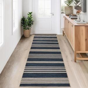 Garvee 5×7 Washable Easy Jute Area Rugs for Living Room, Bedroom, High Traffic Foldable Rug, Distressed Diamond Checkered Office Carpet, Non Slip Backing Farmhouse Floor Cover, Black and Tan(Striped|navy)