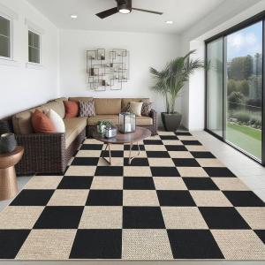 Garvee 5×7 Washable Easy Jute Area Rugs for Living Room, Bedroom, High Traffic Foldable Rug, Distressed Diamond Checkered Office Carpet, Non Slip Backing Farmhouse Floor Cover, Black and Tan(Checkerboard|black & Natural)