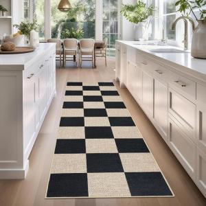 Garvee 5×7 Washable Easy Jute Area Rugs for Living Room, Bedroom, High Traffic Foldable Rug, Distressed Diamond Checkered Office Carpet, Non Slip Backing Farmhouse Floor Cover, Black and Tan(Checkerboard|black&natural)