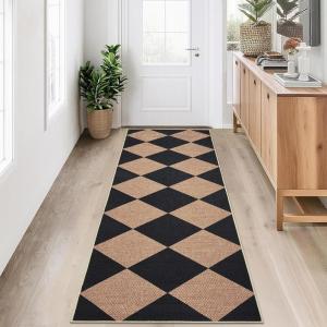 Garvee 5×7 Washable Easy Jute Area Rugs for Living Room, Bedroom, High Traffic Foldable Rug, Distressed Diamond Checkered Office Carpet, Non Slip Backing Farmhouse Floor Cover, Black and Tan(Diamond|black&brown)