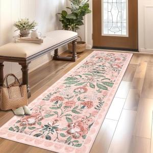 Garvee 8×10 Area Rugs for Living Room 8×10 Floral Washable Rug Vintage Soft Floor Cover Indoor Non Slip Boho Carpet Low Pile Non-Shedding Foldable Rugs for Bedroom Nursery Farmhouse Dorm, Sage(Pink)