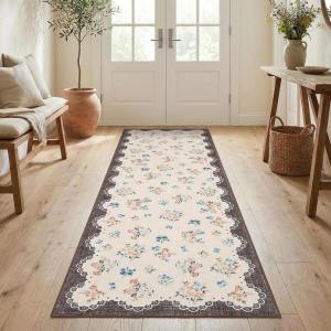Garvee Floral Runner for Hallways Non Slip, 2×6 Washable Kitchen Runner Rug, Vintage Soft Thin Low Pile Carpet Mat for Girls Bedroom Bedside Laundry Bathroom Indoor Farmhouse Entryway Rugs, Pink(Cottagecore|brown)