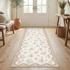 Garvee Floral Runner for Hallways Non Slip, 2×6 Washable Kitchen Runner Rug, Vintage Soft Thin Low Pile Carpet Mat for Girls Bedroom Bedside Laundry Bathroom Indoor Farmhouse Entryway Rugs, Pink(Cottagecore|beige)