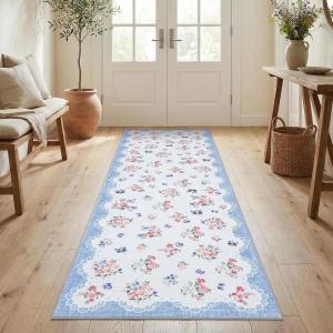 Garvee Floral Runner for Hallways Non Slip, 2×6 Washable Kitchen Runner Rug, Vintage Soft Thin Low Pile Carpet Mat for Girls Bedroom Bedside Laundry Bathroom Indoor Farmhouse Entryway Rugs, Pink(Cottagecore|blue)