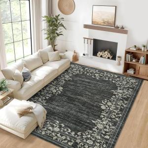 Garvee Textured 5×7 Living Room Rugs Modern Solid Color Washable Bedroom Rug, Non Slip Non Shedding Contemporary Accent Rug Stain Resistant Low Pile Farmhouse Mats for Nursery, Dining Room, Brown(Floral|black)