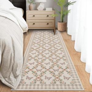 Garvee Washable 2×6 Runner Rug for Hallway Kitchen, Soft Farmhouse Accent Non Slip Runner with Butterflies Print, Green Botanical Floral Carpet for Laundry Bathroom(Butterfly|taupe)