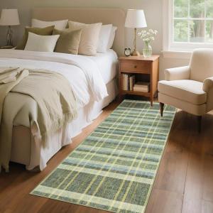 Garvee Washable 5×7 Area Rug for Living Room, Plaid Checkered Non Slip Bedroom Rugs, Ultra Thin Low Pile Striped Indoor Carpet for Dining Room Office, Modern Home Decor Rugs, Taupe(Plaid Modern|green)