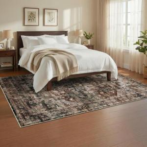 Garvee Washable Rug Blue Brown 8×10 Area Rug for Living Room Vintage Border Style Flat Pile Indoor Rug for Bedroom Dining Room Decor， Blue Brown(Vintage – Brown)