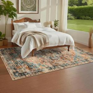Garvee Washable Rug Blue Brown 8×10 Area Rug for Living Room Vintage Border Style Flat Pile Indoor Rug for Bedroom Dining Room Decor， Blue Brown(Vintage – Green/Brown)