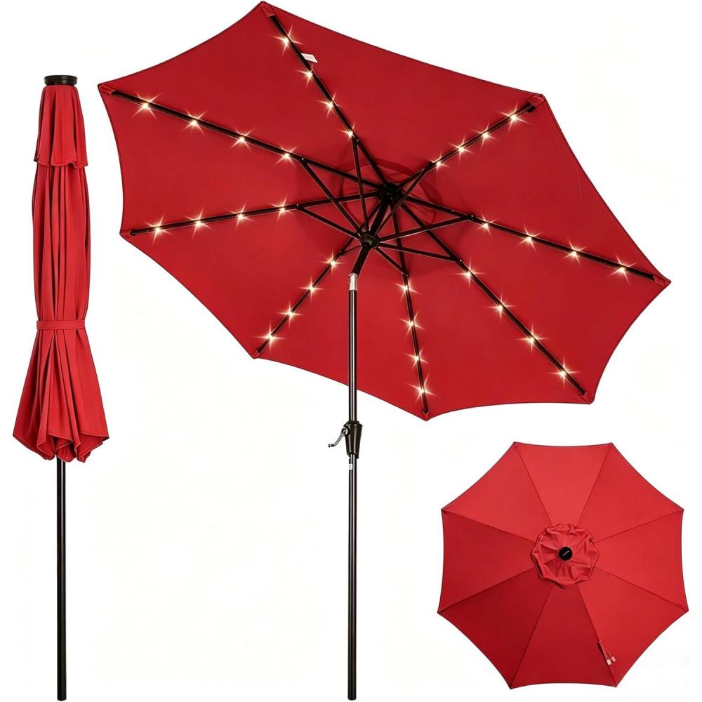 image:imageGarvee 10FT Patio Umbrella with 32 Solar LED Lights Outdoor Table Market Umbrella with Tilt and Crank 8 Sturdy Iron Ribs Sun Shade for Garden Deck Backyard and Pool Turquoise BlueRed