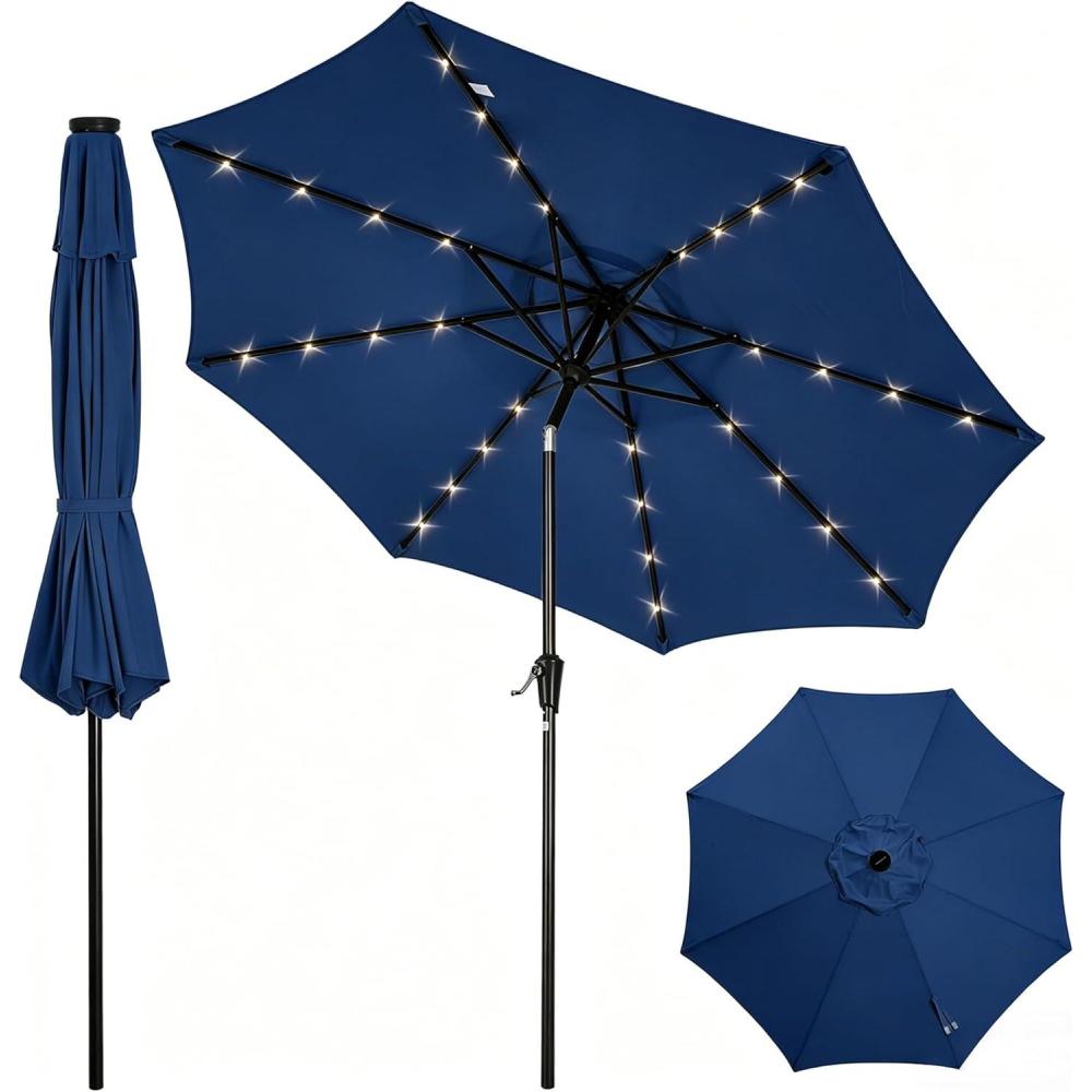 image:imageGarvee 10FT Patio Umbrella with 32 Solar LED Lights Outdoor Table Market Umbrella with Tilt and Crank 8 Sturdy Iron Ribs Sun Shade for Garden Deck Backyard and Pool Turquoise BlueNavy Blue