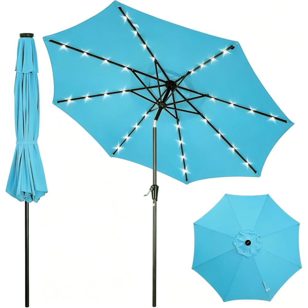 image:imageGarvee 10FT Patio Umbrella with 32 Solar LED Lights Outdoor Table Market Umbrella with Tilt and Crank 8 Sturdy Iron Ribs Sun Shade for Garden Deck Backyard and Pool Turquoise BlueTurquoise Blue