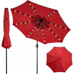 Garvee 10FT Patio Umbrella with 32 Solar LED Lights, Outdoor Table Market Umbrella with Tilt and Crank, 8 Sturdy Iron Ribs Sun Shade for Garden, Deck, Backyard and Pool, Turquoise Blue(Red)
