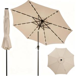 Garvee 10FT Patio Umbrella with 32 Solar LED Lights, Outdoor Table Market Umbrella with Tilt and Crank, 8 Sturdy Iron Ribs Sun Shade for Garden, Deck, Backyard and Pool, Turquoise Blue(Beige)