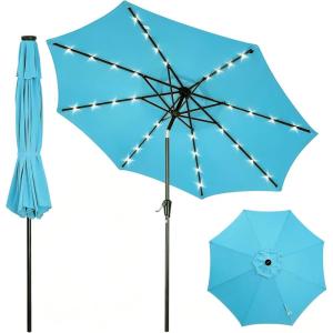 Garvee 10FT Patio Umbrella with 32 Solar LED Lights, Outdoor Table Market Umbrella with Tilt and Crank, 8 Sturdy Iron Ribs Sun Shade for Garden, Deck, Backyard and Pool, Turquoise Blue(Turquoise Blue)