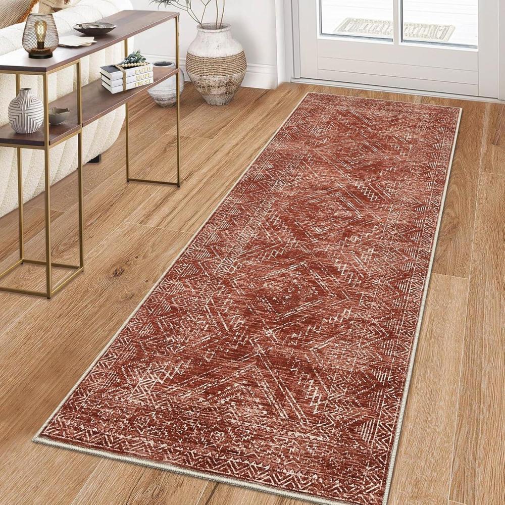 image:imageGarvee 10x13 Area Rug for Bedroom Vintage Washable Living Room Rug with Rubber Backing Stain Resistant Neutral Distressed Geometric Rugs Non Shedding Low Pile Mats for Dining Room Nursery IvoryDistressedbrick Red