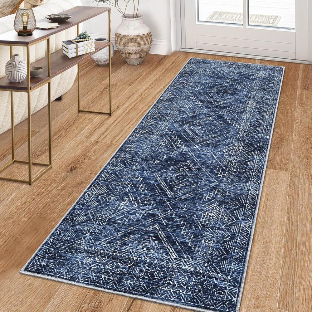 image:imageGarvee 10x13 Area Rug for Bedroom Vintage Washable Living Room Rug with Rubber Backing Stain Resistant Neutral Distressed Geometric Rugs Non Shedding Low Pile Mats for Dining Room Nursery IvoryDistressedblue