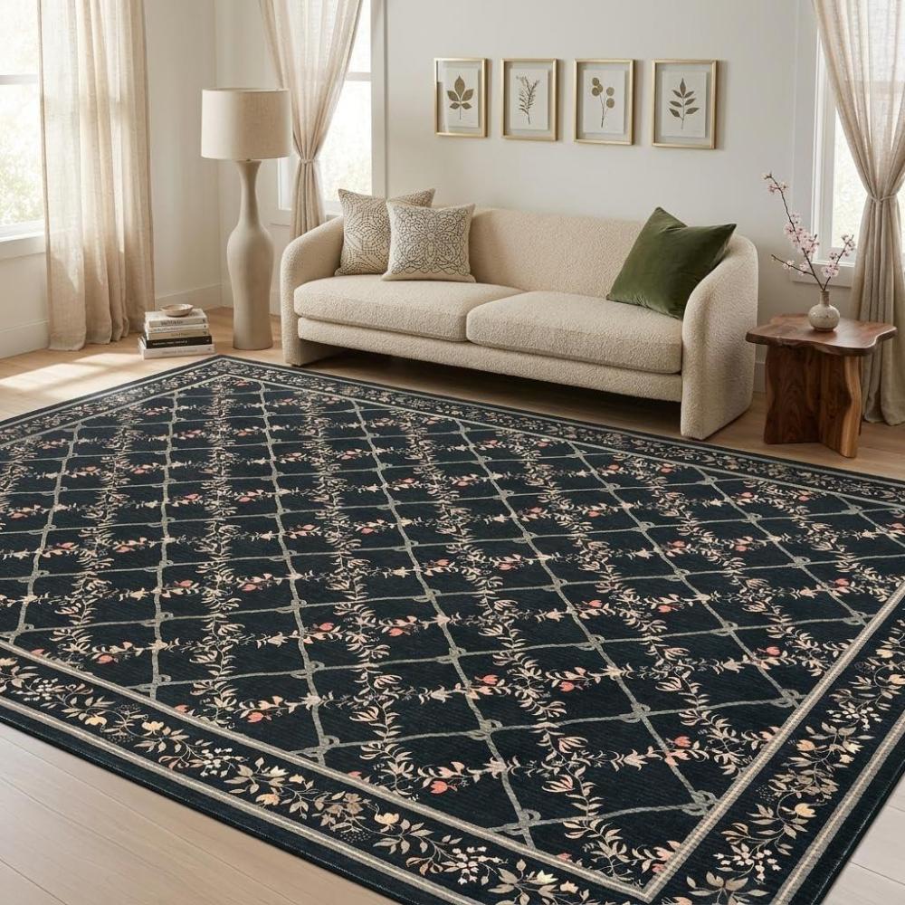 image:imageGarvee 8x10 Rugs for Living Room Floral Rug for Bedroom Washable Rugs Stain Resistant Easy Cleaning Non Slip Floor Cover for Dining Room Office Nursery Black