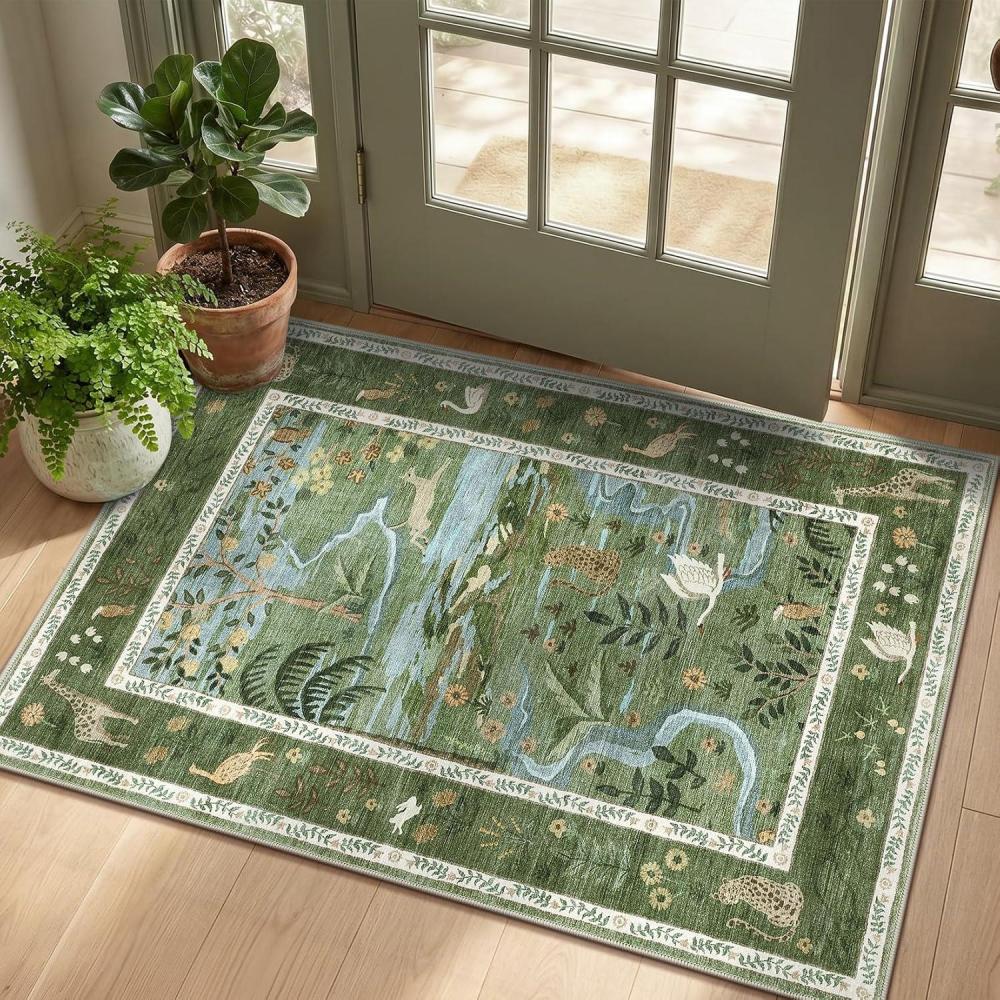 image:imageWashable Area Rug 5x7 Green Animal Print Rugs for Nursery Non Slip Stain Resistant Forest Fairy Tale Throw Carpet Low Pile Whimsical Safari Area Rugs for Entryway Girls Bedroom Dining Room GreenForest GreenEmerald
