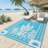Garvee Reversible Outdoor Rug 9×12 for Patio, Waterproof Outdoor Area Rug, Modern Medallion Indoor Outdoor Rugs, Plastic Straw Rug for RV, Camping, Deck, Vintage Grey(Blue–cactus)