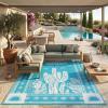 Garvee Reversible Outdoor Rug 9×12 for Patio, Waterproof Outdoor Area Rug, Modern Medallion Indoor Outdoor Rugs, Plastic Straw Rug for RV, Camping, Deck, Vintage Grey(Blue–cactus)