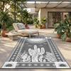 Garvee Reversible Outdoor Rug 9×12 for Patio, Waterproof Outdoor Area Rug, Modern Medallion Indoor Outdoor Rugs, Plastic Straw Rug for RV, Camping, Deck, Vintage Grey(Grey & White-cactus)