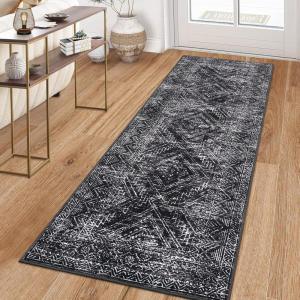 Garvee 10×13 Area Rug for Bedroom Vintage Washable Living Room Rug with Rubber Backing, Stain Resistant Neutral Distressed Geometric Rugs Non Shedding Low Pile Mats for Dining Room, Nursery, Ivory(Distressed|black)