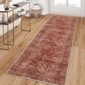 Garvee 10×13 Area Rug for Bedroom Vintage Washable Living Room Rug with Rubber Backing, Stain Resistant Neutral Distressed Geometric Rugs Non Shedding Low Pile Mats for Dining Room, Nursery, Ivory(Distressed|brick Red)