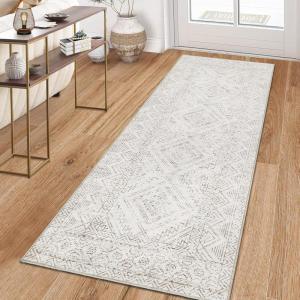Garvee 10×13 Area Rug for Bedroom Vintage Washable Living Room Rug with Rubber Backing, Stain Resistant Neutral Distressed Geometric Rugs Non Shedding Low Pile Mats for Dining Room, Nursery, Ivory(Distressed|ivory)