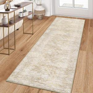 Garvee 10×13 Area Rug for Bedroom Vintage Washable Living Room Rug with Rubber Backing, Stain Resistant Neutral Distressed Geometric Rugs Non Shedding Low Pile Mats for Dining Room, Nursery, Ivory(Distressed|beige)