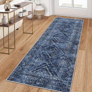 Garvee 10×13 Area Rug for Bedroom Vintage Washable Living Room Rug with Rubber Backing, Stain Resistant Neutral Distressed Geometric Rugs Non Shedding Low Pile Mats for Dining Room, Nursery, Ivory(Distressed|blue)