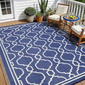 Garvee 9×12 Outdoor Rug Waterproof for Patio, Foldable Reversible Plastic Straw Area Rug for Camping, RV, Balcony, Deck, Picnic, Beach, Brown & Beige(Blue & White)