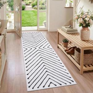 Garvee 9×12 Washable Rugs for Living Room Geometric Rug for Bedroom Contemporary Stain Resistant Easy Cleaning Non Slip Floor Cover for Bedroom Dining Room Office Nursery, Dark Grey(Line/Geometric – Beige White)