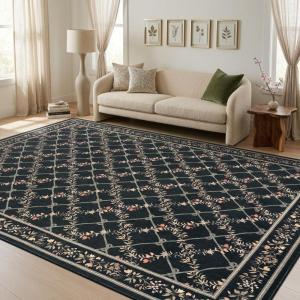 Garvee Large Rugs for Living Room 10×13 Floral Rug Washable Rugs Stain Resistant Easy Cleaning Non Slip Floor Cover for Apartment Dining Room Office Nursery, Black