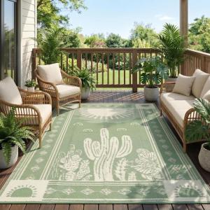 Garvee Reversible Outdoor Rug 9×12 for Patio, Waterproof Outdoor Area Rug, Modern Medallion Indoor Outdoor Rugs, Plastic Straw Rug for RV, Camping, Deck, Vintage Grey(Sage Green & Beige)
