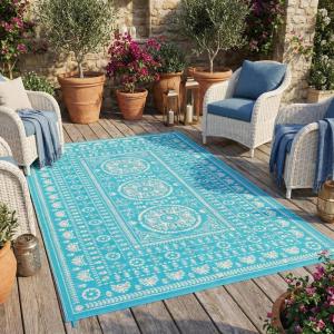 Garvee Reversible Outdoor Rug 9×12 for Patio, Waterproof Outdoor Area Rug, Modern Medallion Indoor Outdoor Rugs, Plastic Straw Rug for RV, Camping, Deck, Vintage Grey(Teal Blue & White)